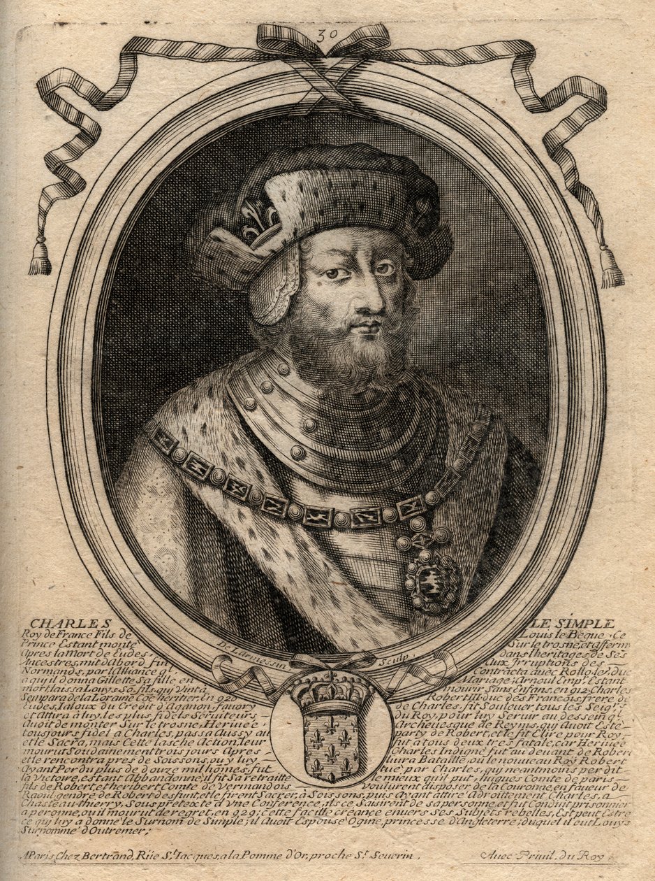 Retrato de Carlos III dit le Simple (879-929) rei dos Francos - CHARLES III (879-929) - Carlos o Simples - Rei da França, 893-923 - gravura de 