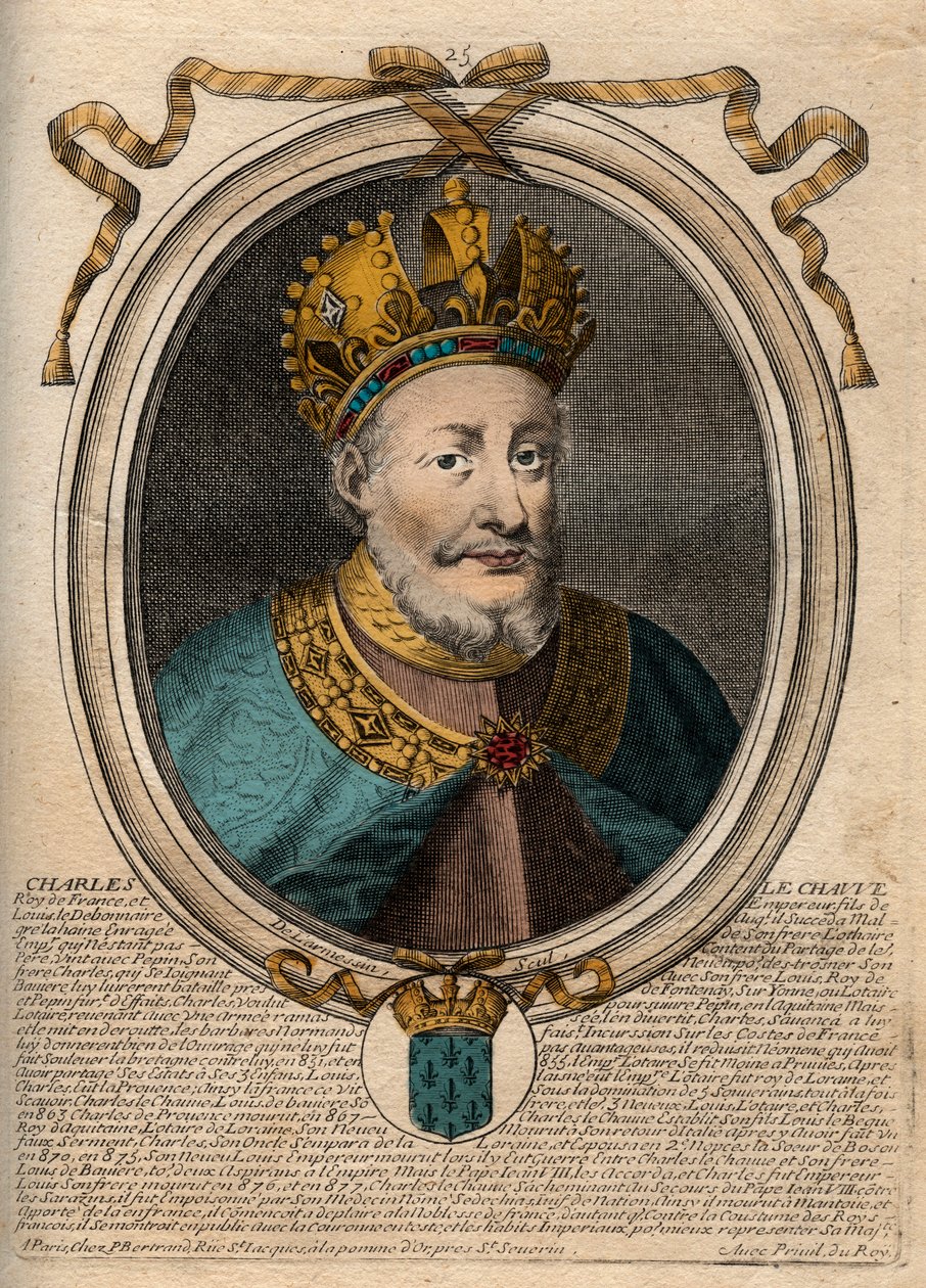 Retrato de Carlos II o Careca (823-877), Rei de França - Carlos II (823-877) o Careca - gravura de 