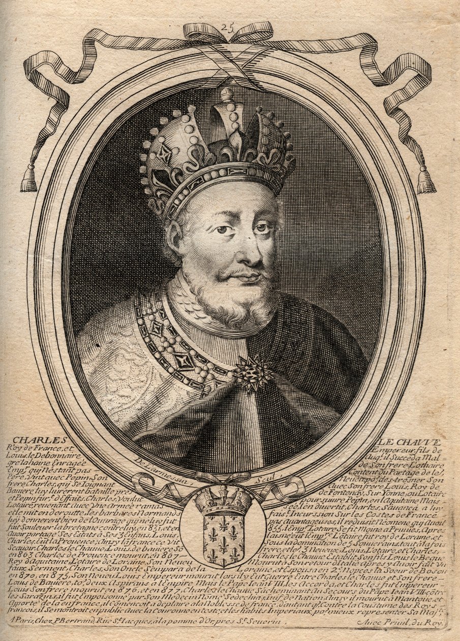 Retrato de Carlos II o Careca (823 - 877), Rei da França - Carlos II (823-77) o Careca - gravura de 
