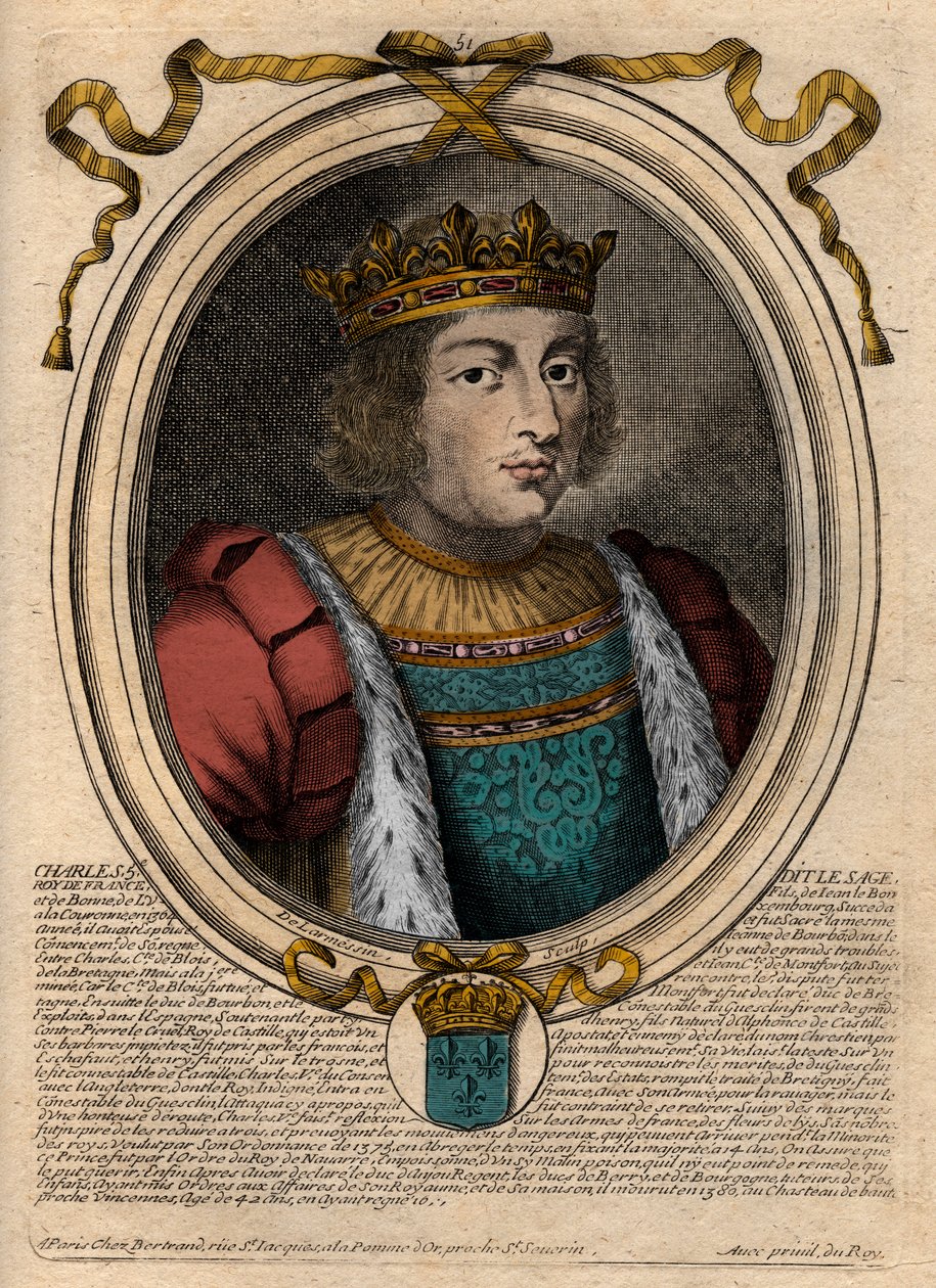 Retrato de Carlos V o Sábio (1338 - 1380) - Carlos V o sábio ou Carlos V o Sábio, Rei de França da Casa de Valois - gravura de 