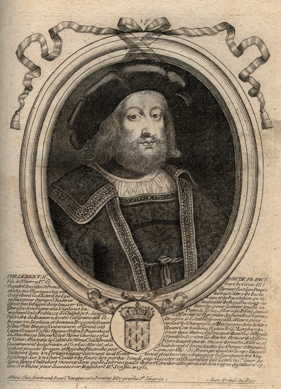 Retrato de Childebert II (c. 570 - 596), Rei da Austrália - Childebert II 570 a 595 Merovingian King of Austrasia - gravura de 