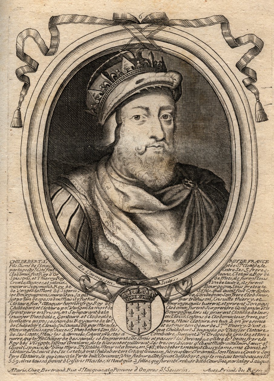 Retrato de Childebert I, Rei dos Francos - Rei Childebert I (497-558) - gravura de 