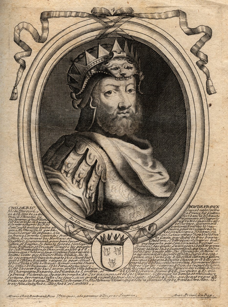 Retrato de Childeric I, rei dos Francos Salianos (436-481) - CHILDERIC I Rei dos Francos Salianos - gravura de 
