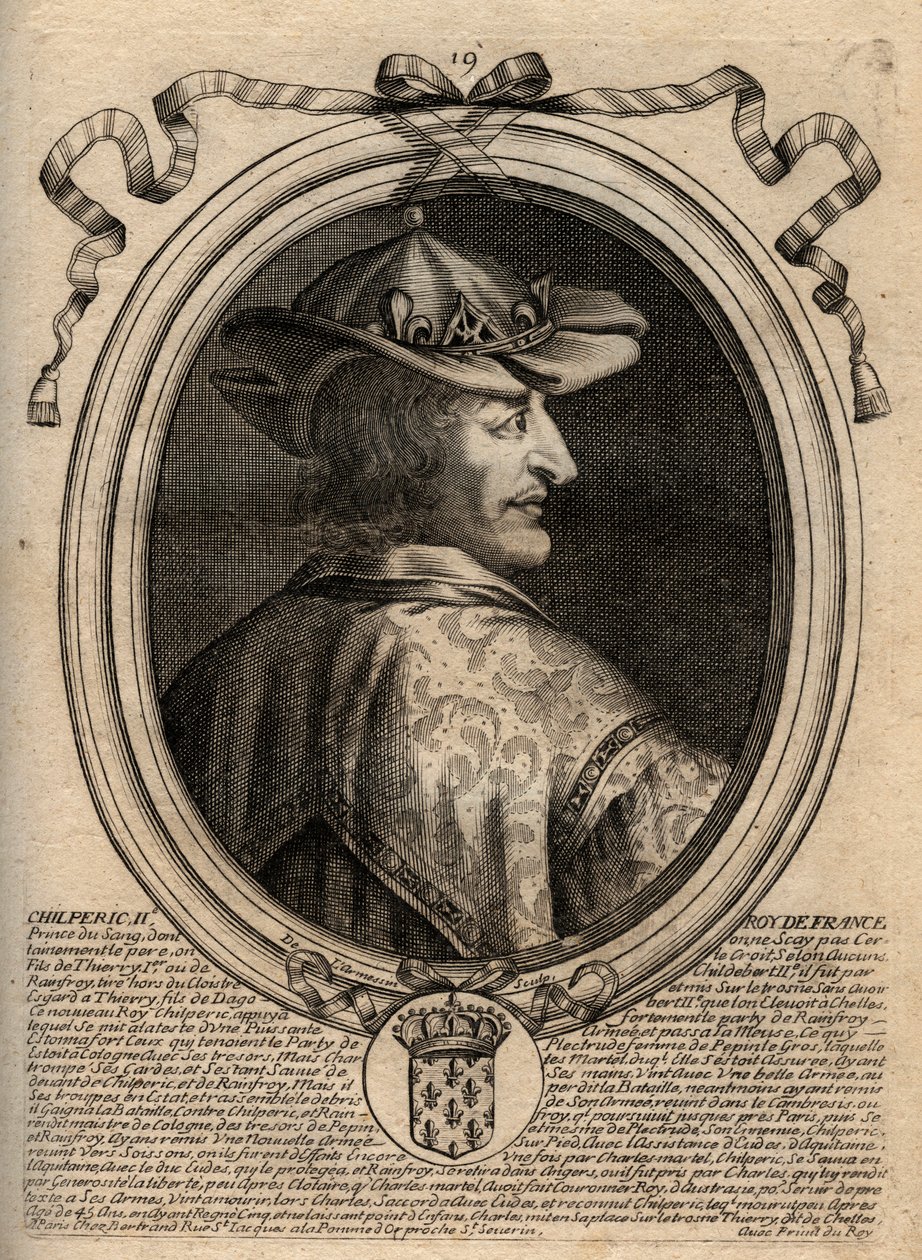 Retrato de Chilperic II (c. 670 - 721), Rei de Neustria - CHILPERIC II rei dos Francos - gravura de 