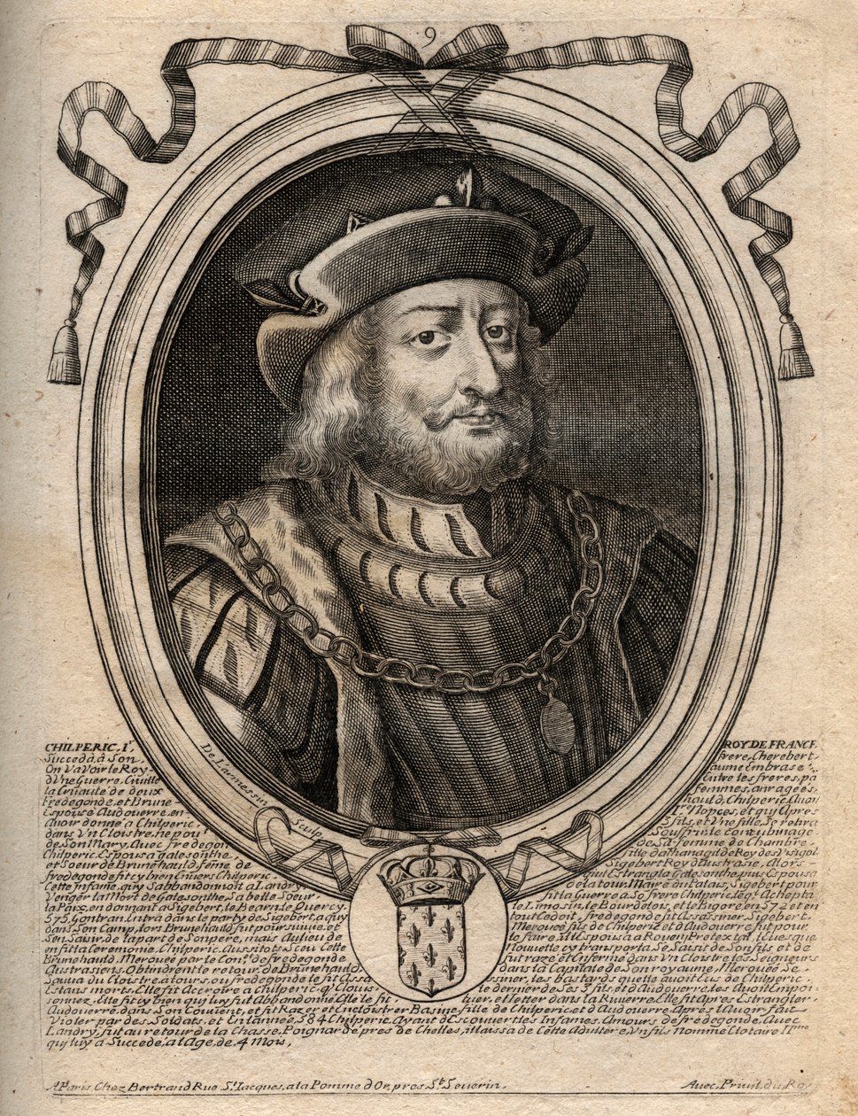 Retrato de Chilperic I (539 - 584), Rei de Neustria - Chilperic I, Merovingian King of France - gravura de 