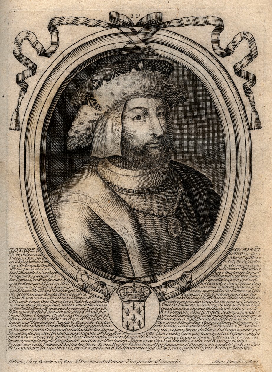 Retrato de Clotaire (Clothaire) II (584 - 628), Rei de Neustria e Rei dos Francos - Clotaire ou Clotar II (d.629) Rei dos Francos - gravura de 
