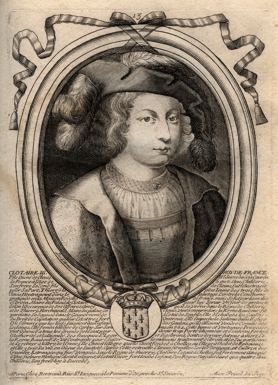 Retrato de Clothaire III (652 - 673), Rei de Neustria e Borgonha - Chlothar III ou Clotaire III, Rei dos Francos da casa dos Merovingianos - gravura de 