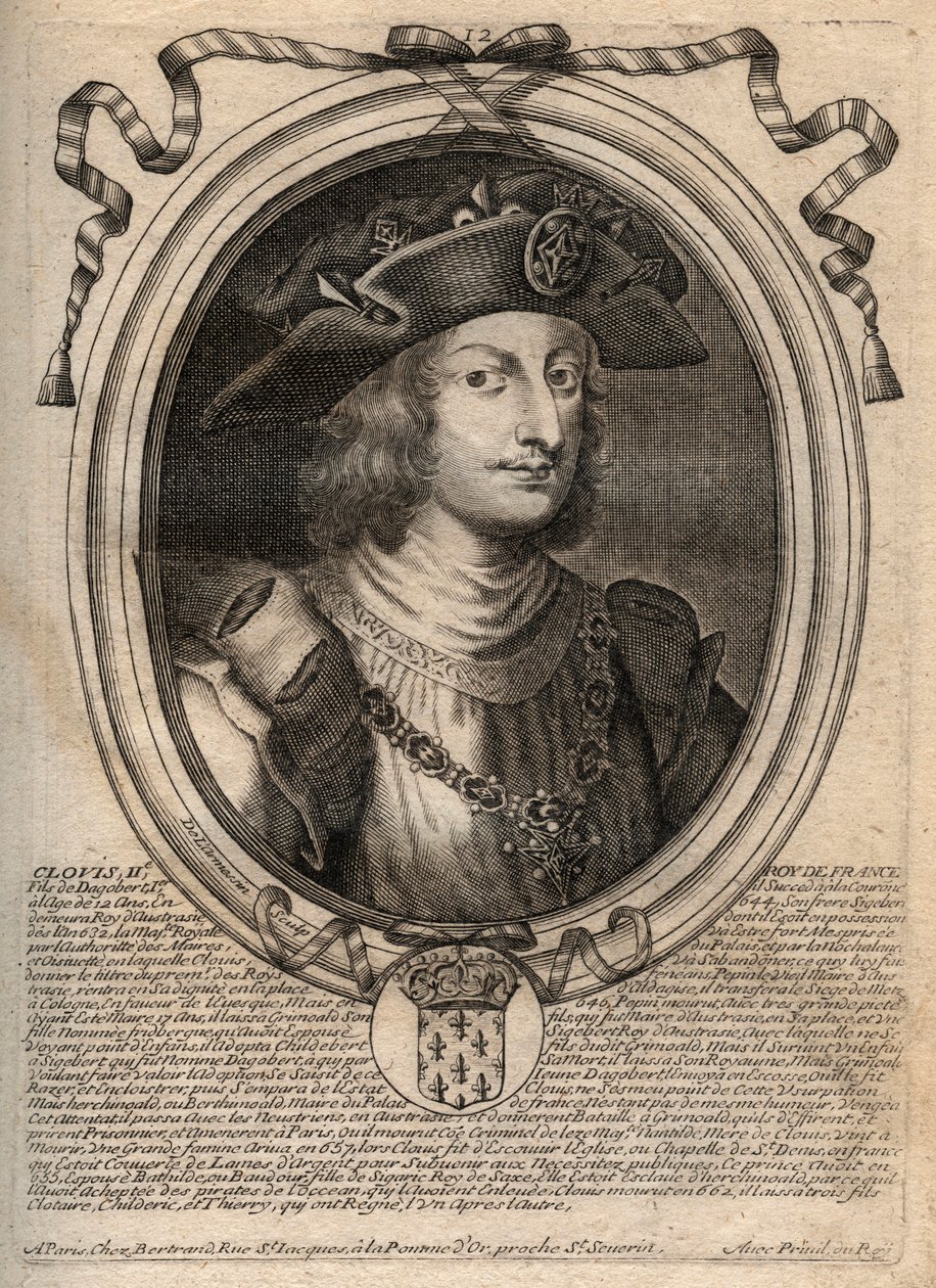 Retrato de Clovis II, Rei dos Francos (v.633-657) - Clovis II (c.634-657), Merovingian Frankish King of Neustria e Borgonha (639-657) - gravura de 