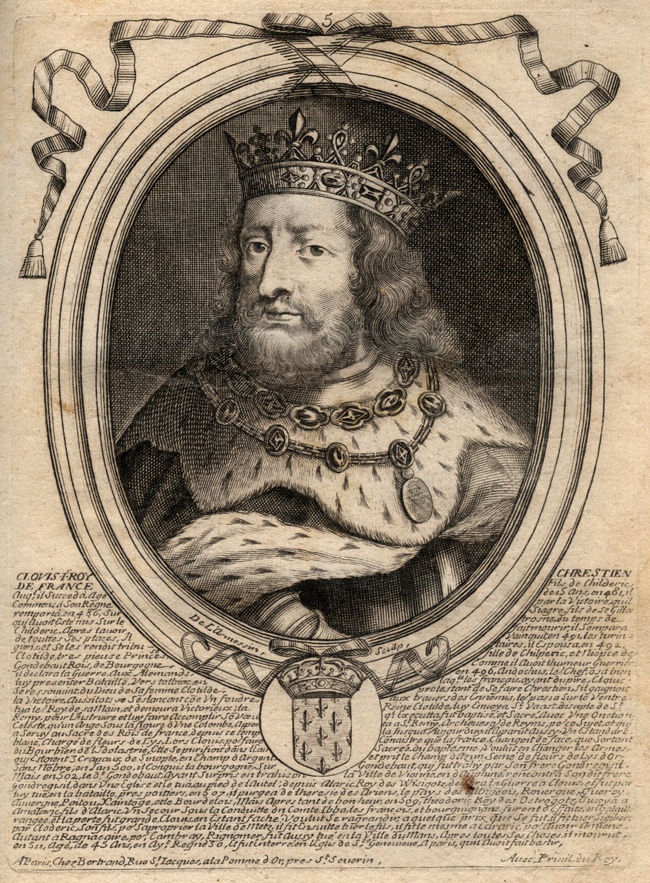 Retrato de Clóvis I (v. 466 - 511), Rei dos Francos - Retrato de Clóvis I (466-511), Rei dos Francos - gravura de 