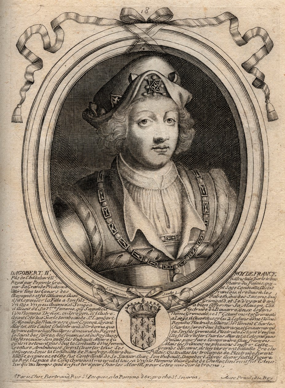 Retrato de Dagobert II, Rei dos Francos de 711a 716 - Dagobert II (676-679), Rei da Austrália - gravura de 