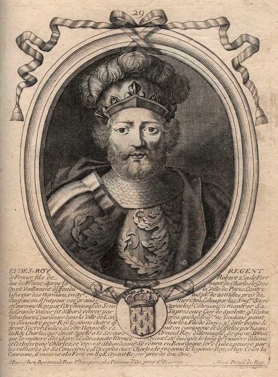 Retrato de Eudes (Odon) (v. 860 - 898), Conde de Paris e Troyes, depois Rei da França - Conde EUDES de Paris eleito ao trono francês após a deposição de Carlos Imperador - gravura de 