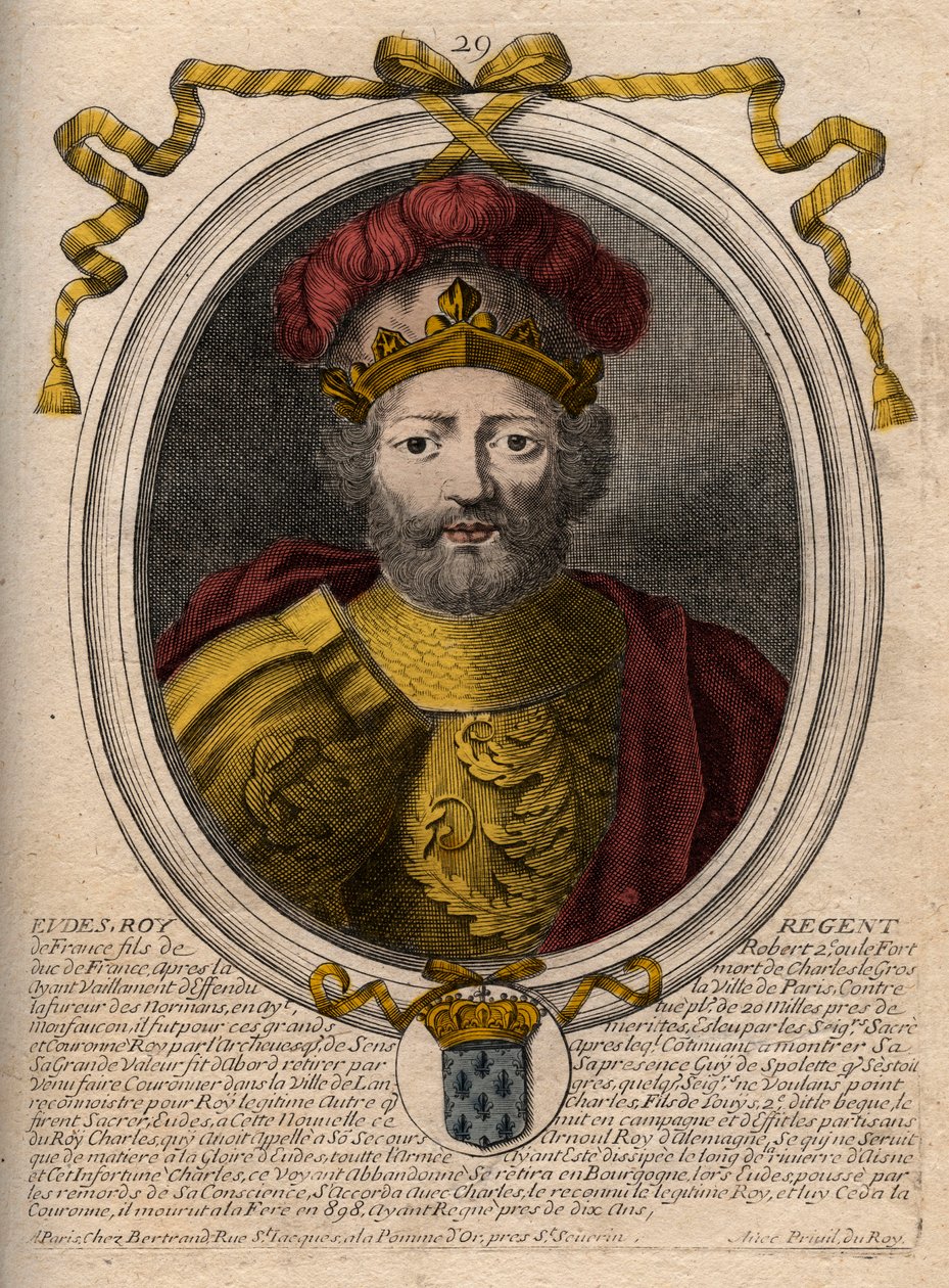 Retrato de Eudes (Odon) (v. 860 - 898), Conde de Paris e Troyes, depois Rei da França - Conde EUDES de Paris eleito ao trono francês após a deposição de Carlos Imperador - gravura de 