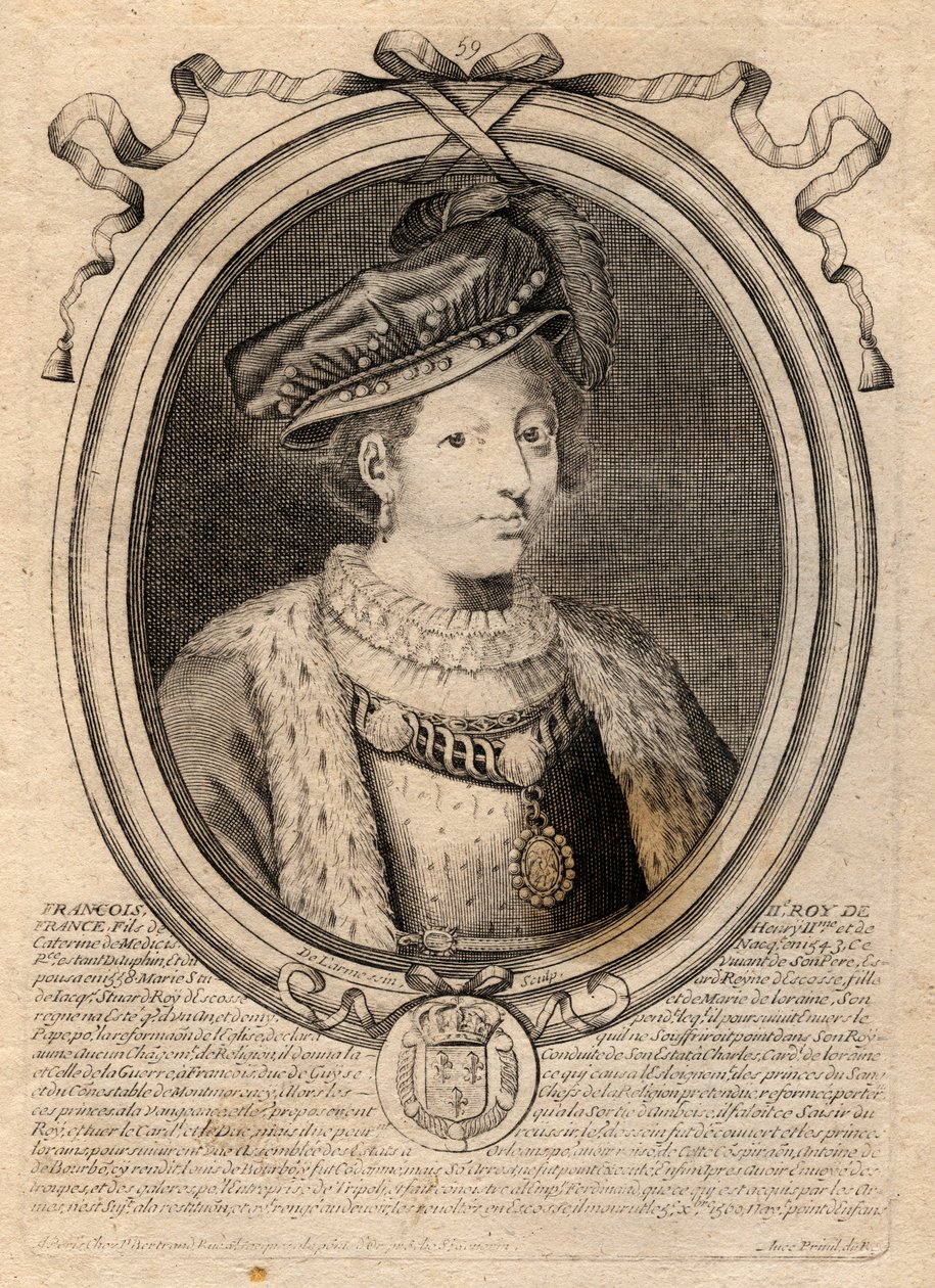 Retrato de Francisco II (1544-1560) Rei da França - Francisco II (1544-60) - gravura de "Les Augustes Representations de tous les Kings de France de Pharamond a LouisXIV", Paris de de Larmessin