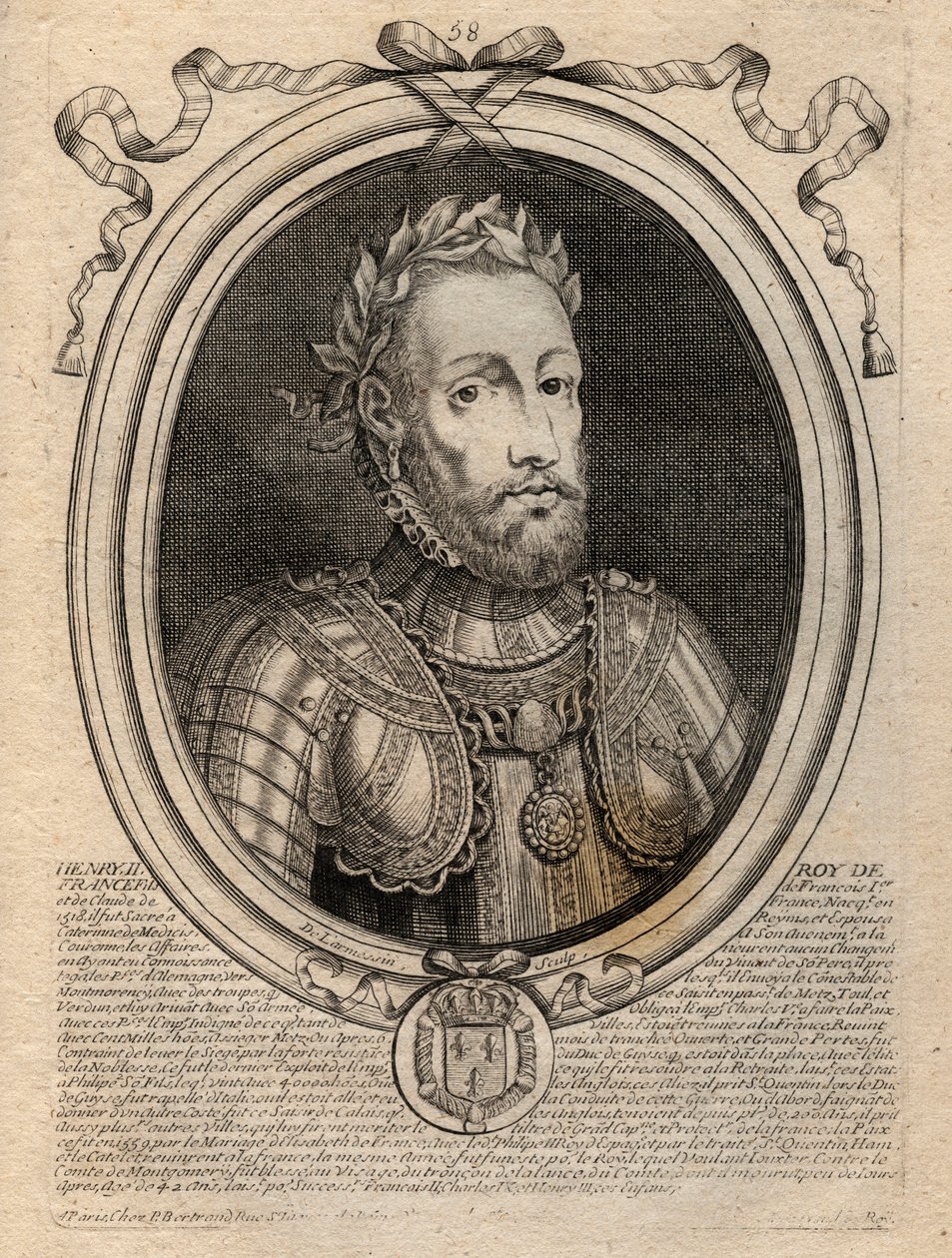 Retrato de Henrique II (1519 - 1559) Rei de França - Henrique II (1519-59), Rei de França - gravura de "Les Augustes Representações de todos os Reis de França de Pharamond a LouisXIV", Paris de de Larmessin
