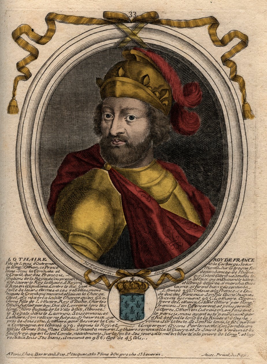 Retrato de Lothaire (941-986), Rei dos Francos - Lothair (941-986) Rei da França - gravura de 