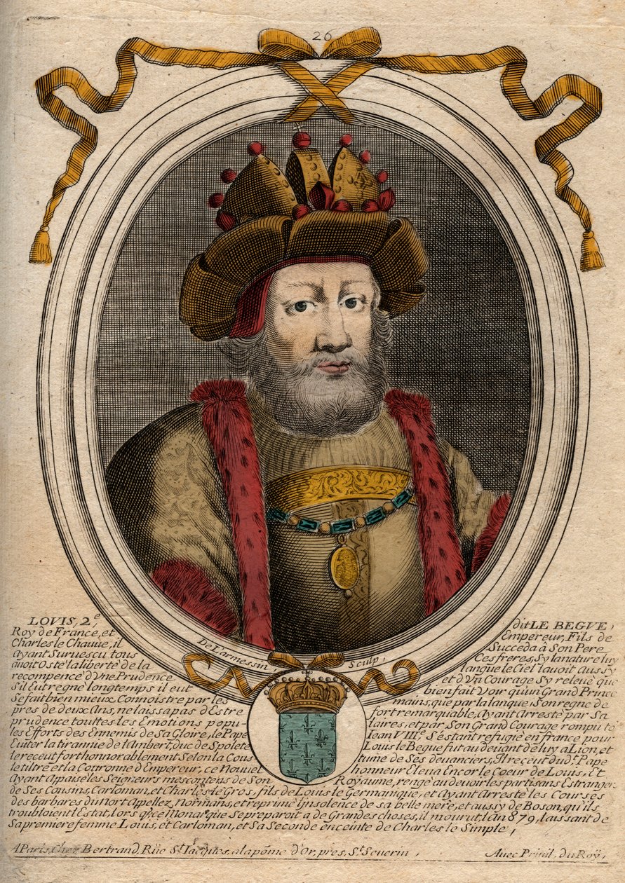 Retrato de Luís II o Begue ou o Faineant (846 - 879), Rei dos Francos - Luís II O Gago 848 a 879 - gravura de "Les Augustes Representations de tous les Kings de France de Pharamond a LouisXIV", Paris de de Larmessin