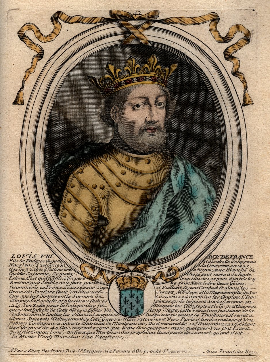 Retrato de Luís VIII (1187-1226), Rei de França - Luís VIII (1187-1226) Rei de França - Gravura de "Les Augustes Representations de tous les Kings de France depuis Pharamond à la LouisXIV", Paris de de Larmessin