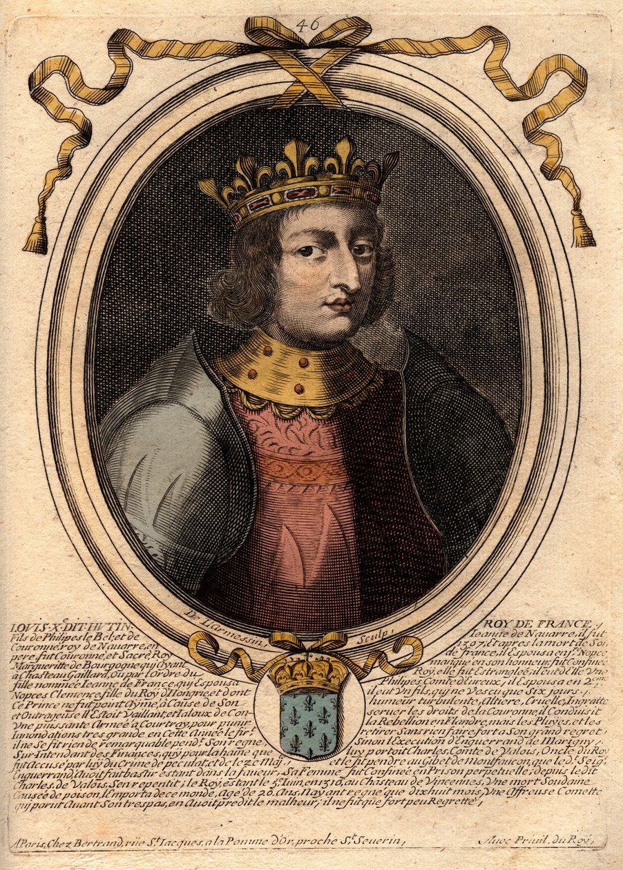 Retrato de Luís X o Hutin (1289 - 1316), Rei de França - Luís X (1289-1316) o Teimoso, Rei de França e Navarra - gravura de 