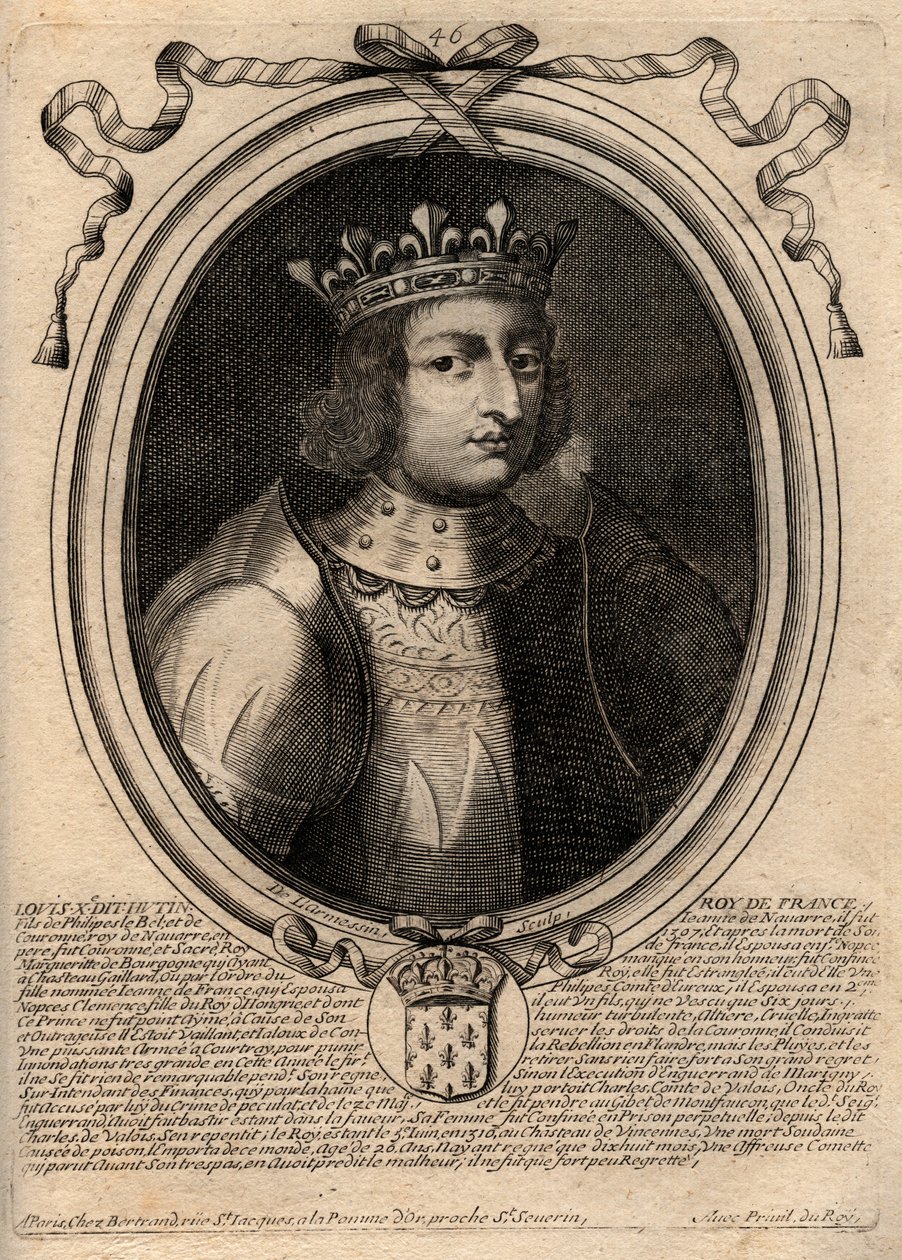 Retrato de Luís X o Hutin (1289 - 1316), Rei de França - Luís X (1289-1316) o Teimoso, Rei de França e Navarra - gravura de 