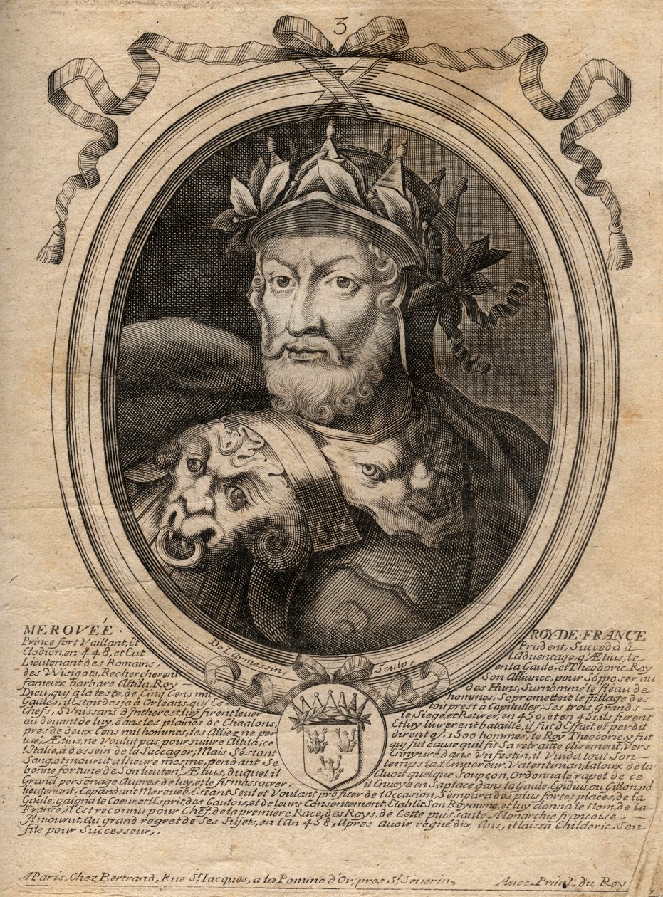 Retrato de Merovee ou Merovech Roi franc (v. 458) 1º rei da raça Merovíngia - Retrato de Merovech (Meroveus) (d.456) Rei dos Francos Salianos - gravura de 