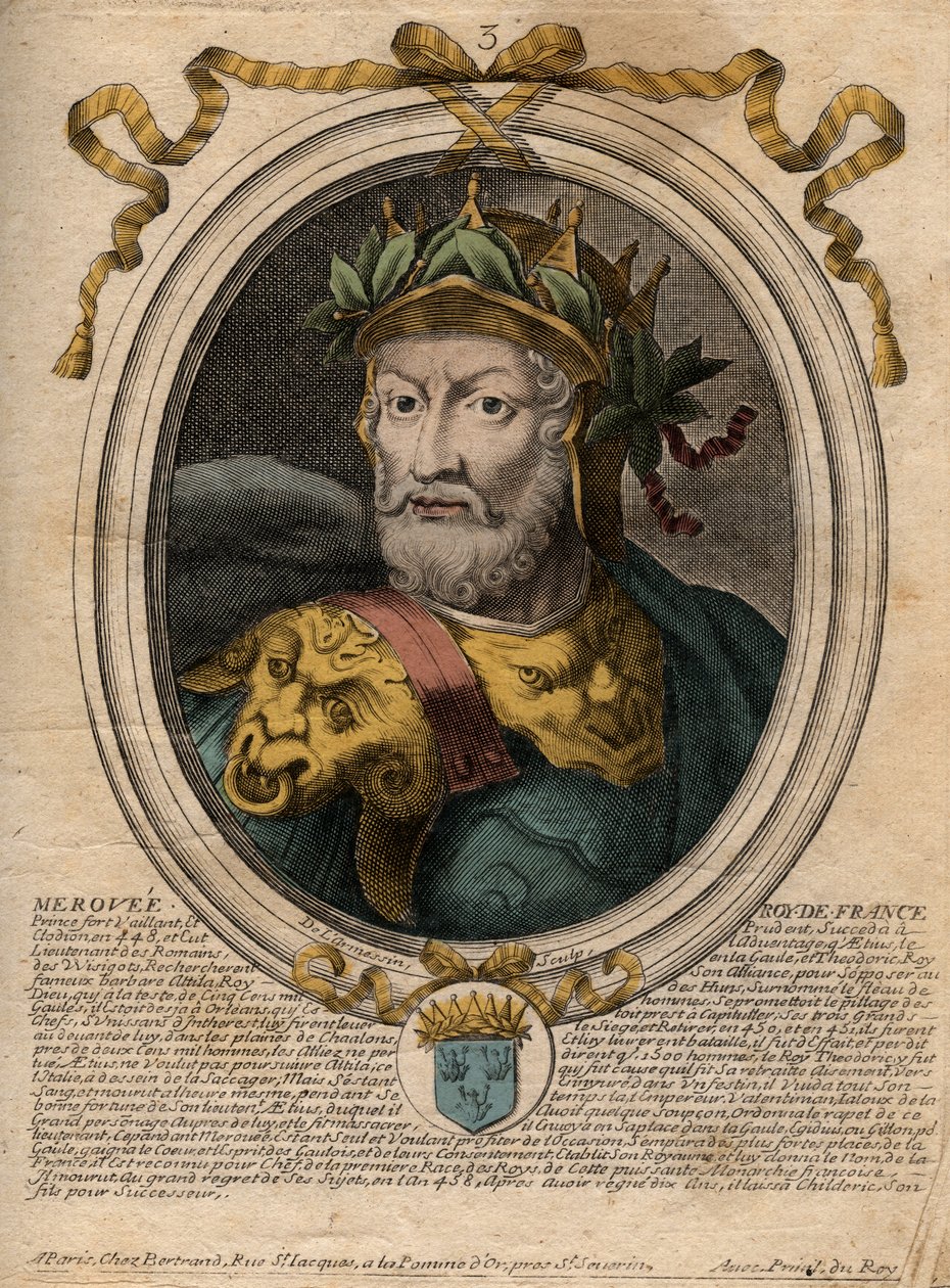 Retrato de Merovee ou Merovech, rei dos francos (v448-v458), primeiro rei da raça Merovíngia - Retrato de Merovech (Meroveus) (d456) Rei dos francos salianos - gravura de 