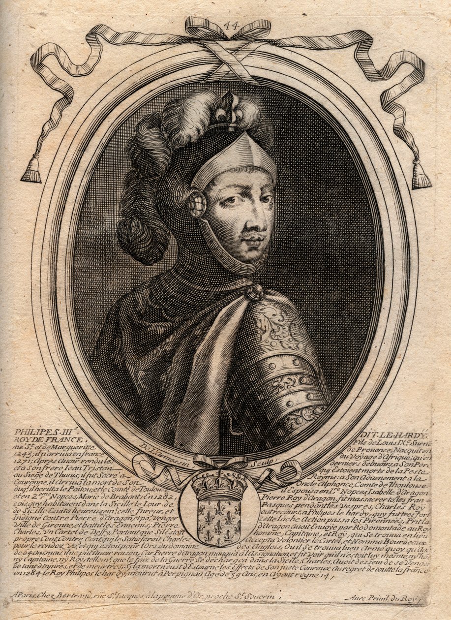Retrato de Filipe III da França, dit Philippe le Hardi (1245-1285) (dinastia dos Capetianos) - Filipe III chamado Rei Negrito da França - gravura de "Les Augustes Representations de tous les Kings de France de Pharamond a LouisXIV", Paris de de Larmessin