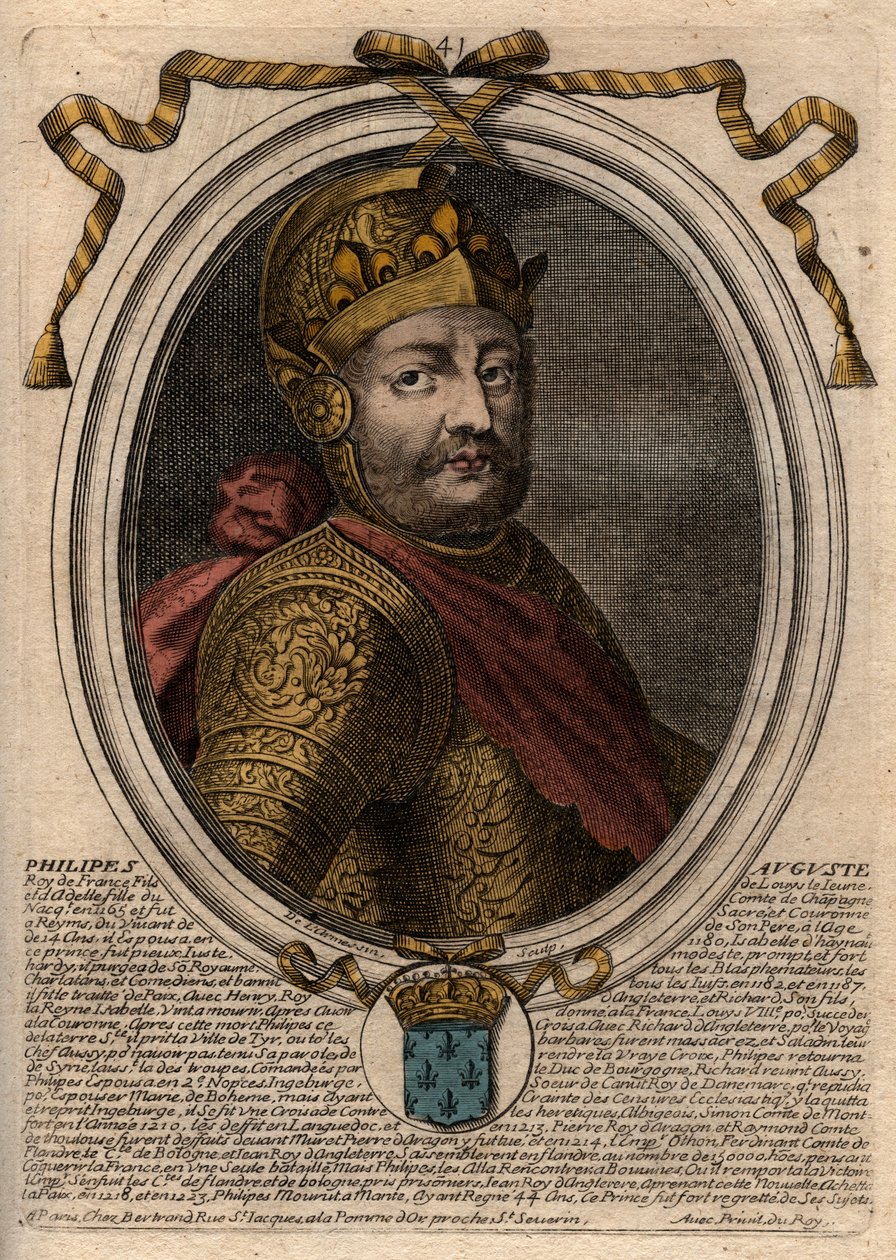 Retrato de Philip II dit Philippe Auguste (1165-1223) - Philip Augustus II (1165-1223) Rei da França - gravura de 