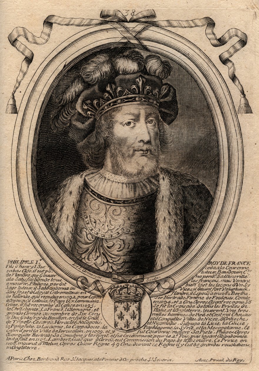 Retrato de Filipe I (1060 - 1108), Rei de França - Filipe I (1053-1108) Rei de França - gravura de "Les Augustes Representations of all the Kings of France from Pharamond to LouisXIV", Paris de de Larmessin