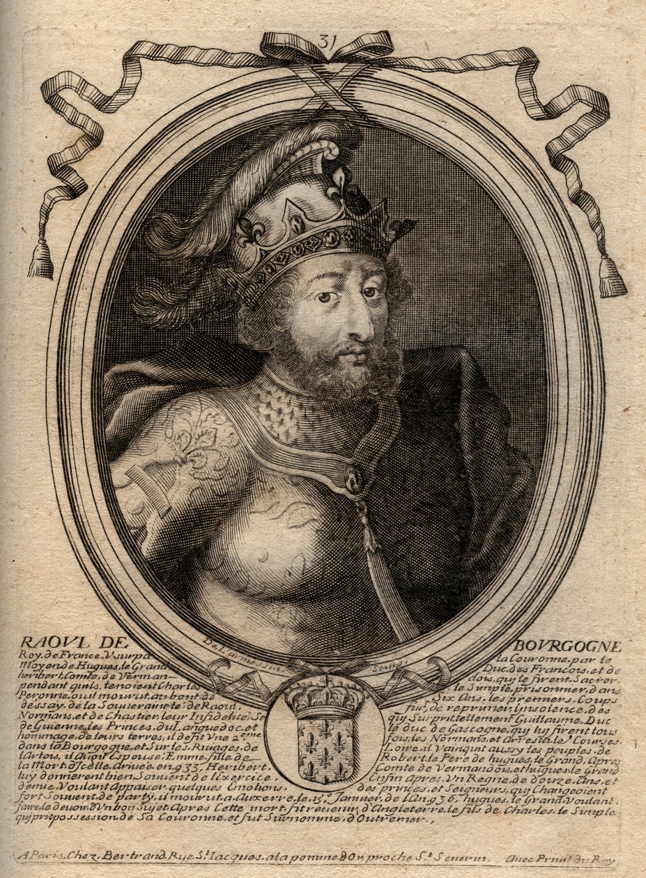 Retrato de Raoul de France (ou Rodolphe, c. 890-936) Rei dos Francos - Rudolph (Raoul, Rodolphe) de Borgonha, Rei de França (923-936) - gravura de 