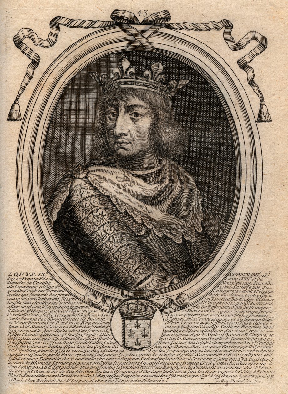 Retrato de Saint Louis (Saint-Louis, Louis IX (1214-1270) - Saint Louis IX (1214-70) rei da França - gravura de "Les Augustes Representations of all the Kings of France from Pharamond to LouisXIV", Paris de de Larmessin