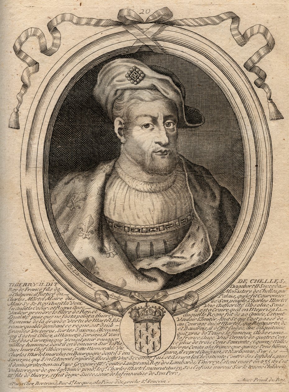 Retrato de Thierry IV (713-737) rei dos Francos de 721 a 737 - THIERRY IV (Theodoric) rei dos Francos - gravura de 