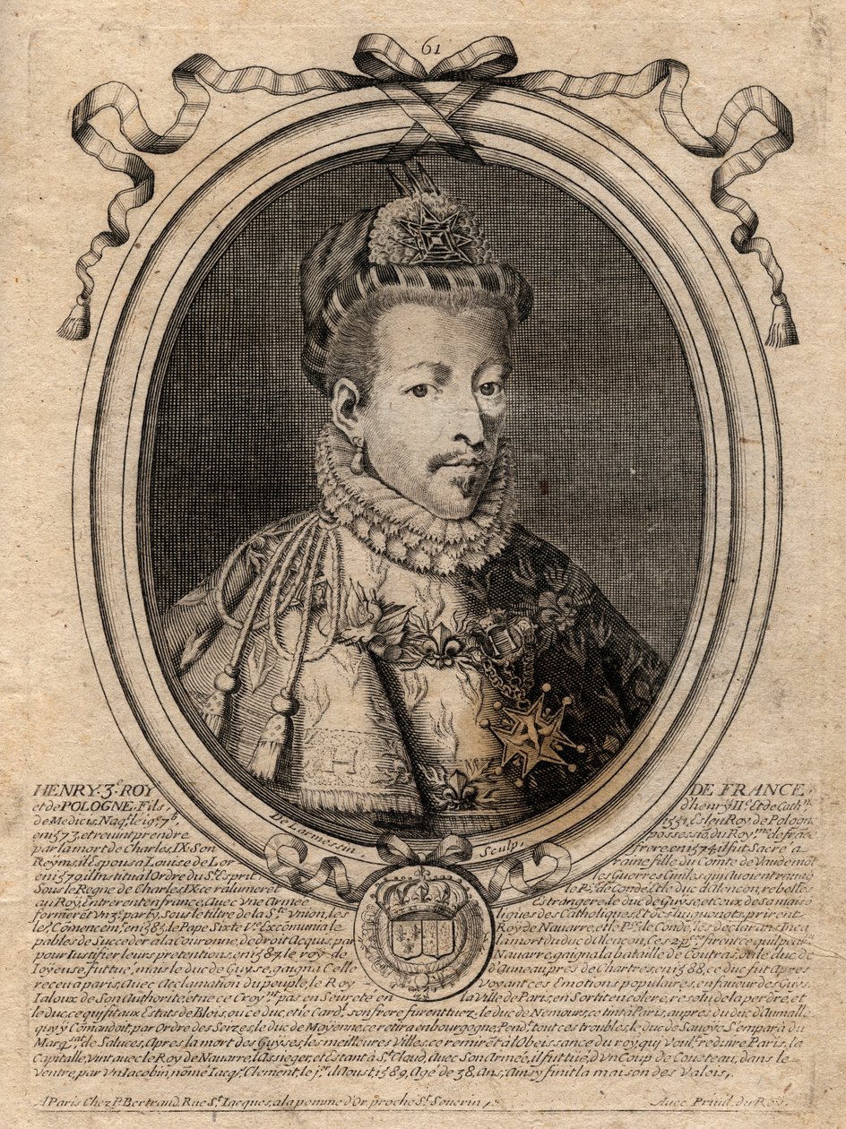 Retrato do Rei de França Henrique III (1551-1589) - Retrato de Henrique III (1551-89) rei de França - gravura de 