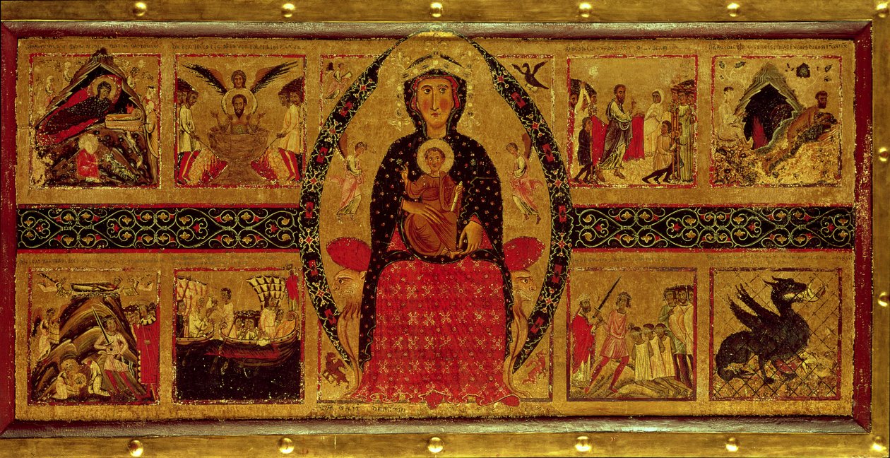 A Virgem e o Menino Entronizado, com cenas da Natividade e a vida dos Santos, 1260 de di Magnano da Arezzo Margaritone