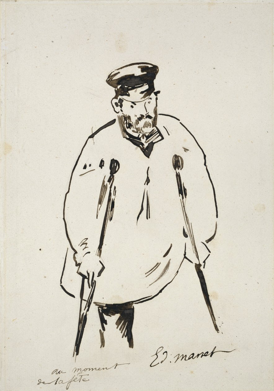 Man on Crutches (grafite com cana e tinta preta sobre papel branco de textura fina) de Édouard Manet