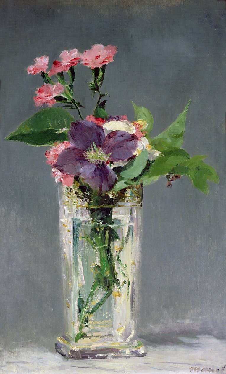 Rosas e Clematis em um vaso de cristal, c.1882 de Édouard Manet