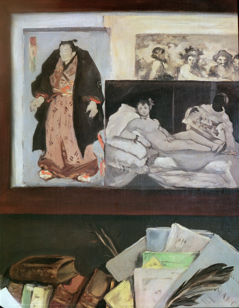 Retrato de Emile Zola (1840 - 1902) (detalhe da parede superior direita representando gravuras japonesas, &39;Olympia&39; e &39;Baco&39; de Velasquez), 1868 de Édouard Manet