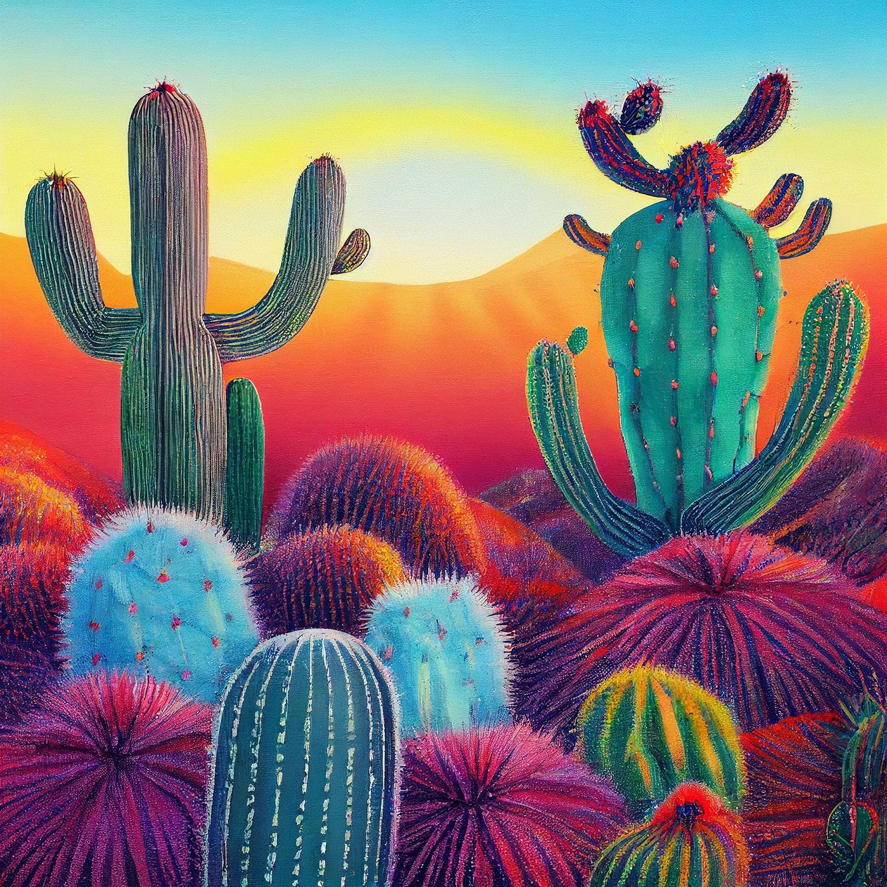 Uma pintura vibrante: Pôr-do-sol em planaltos de cactos, Parede de arte | Impressões em tela de F. Abderrahim