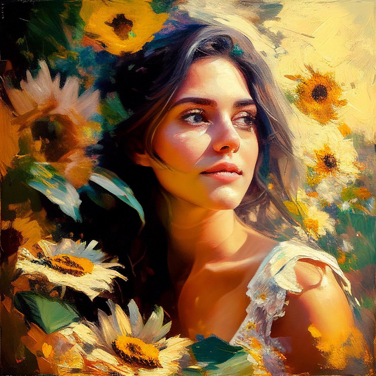 Uma bela rapariga na natureza, rodeada de girassóis, Pintura de arte Arte Mural | Impressões em Tela de F. Abderrahim
