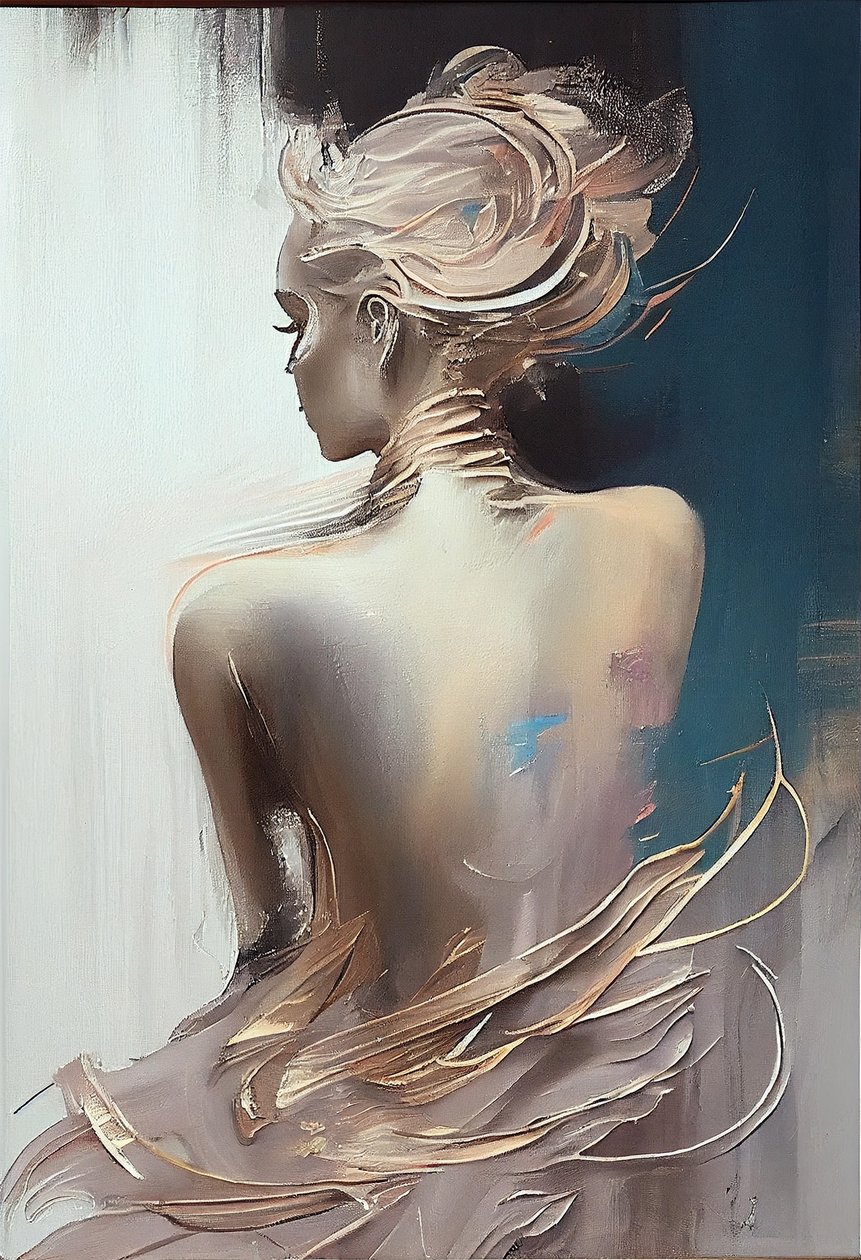 Uma mulher vestida, sentada, vista por trás, pintura de silhuetas de F. Abderrahim