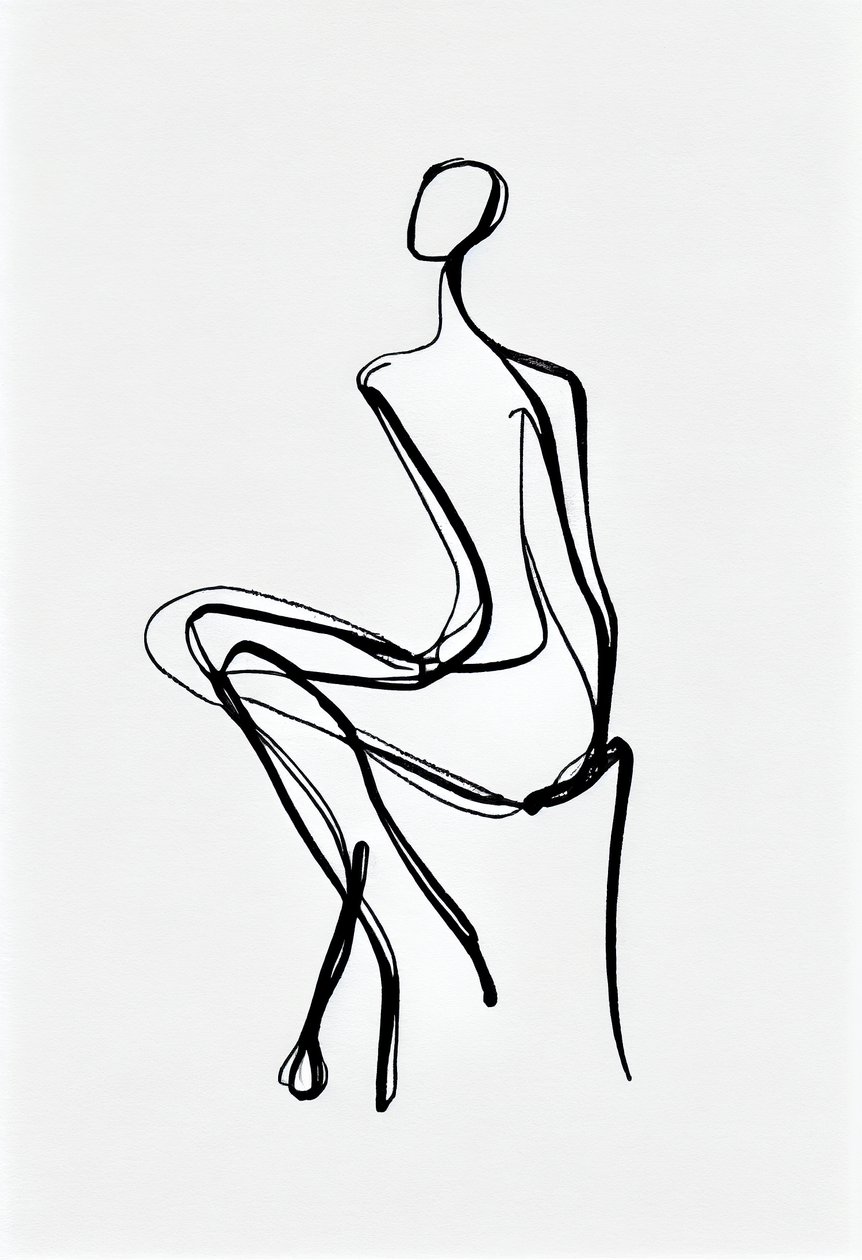 Uma mulher sentada, silhueta de desenho a uma linha, parede Impressão de arte a pedido de F. Abderrahim