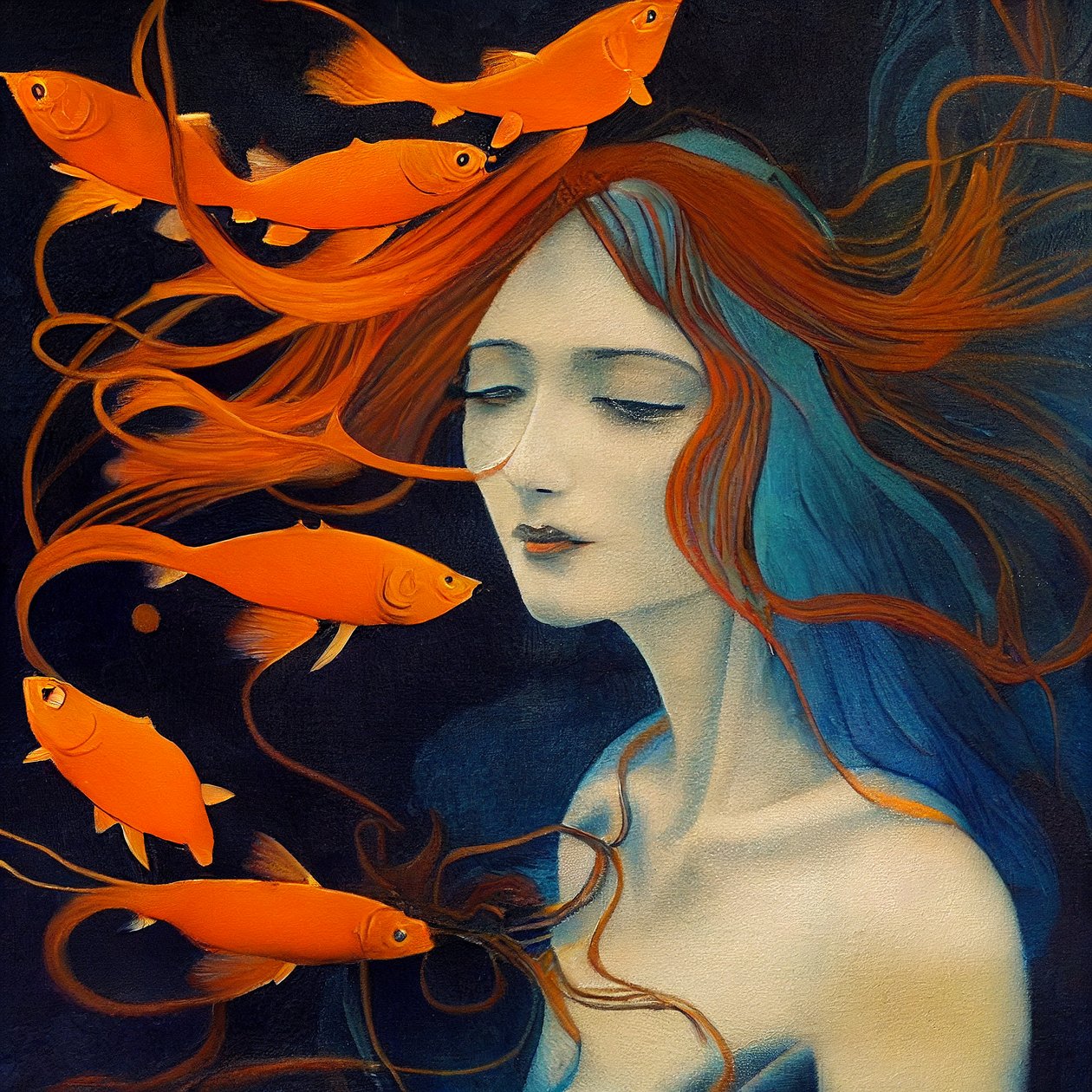 Pintura abstrata pinceladas, rapariga bonita, sereia do mar, impressões artísticas de F. Abderrahim
