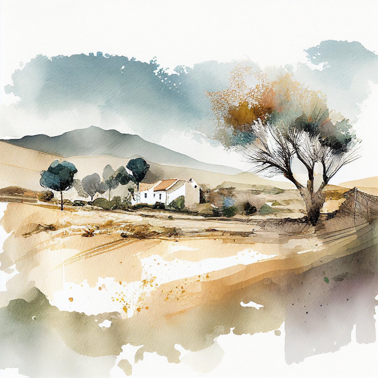 Paisagem abstrata em aguarela do sul de Espanha, Moldura de parede | Impressões em tela de F. Abderrahim