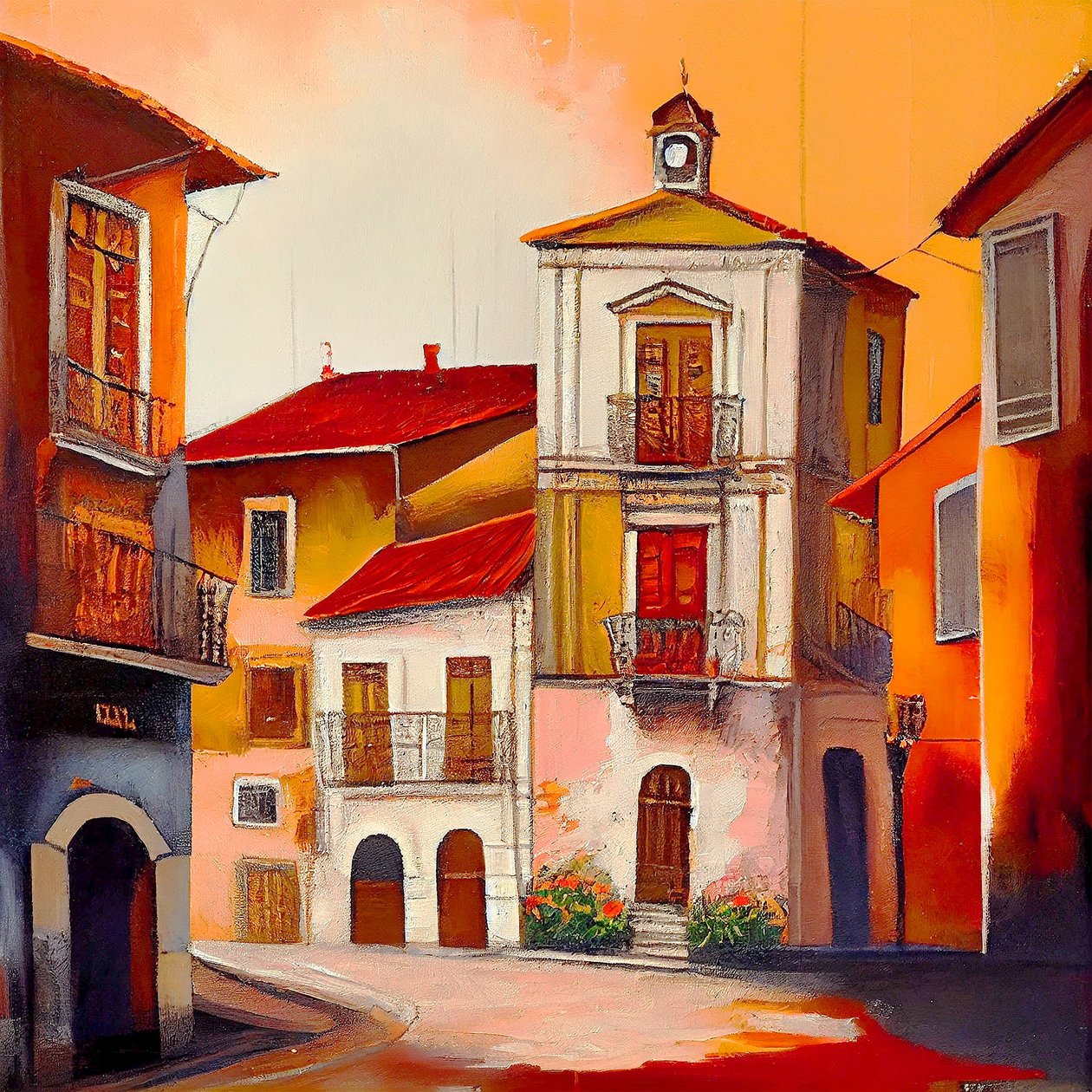 Belas pinturas vintage de uma aldeia antiga em tons quentes, Impressões em tela de F. Abderrahim
