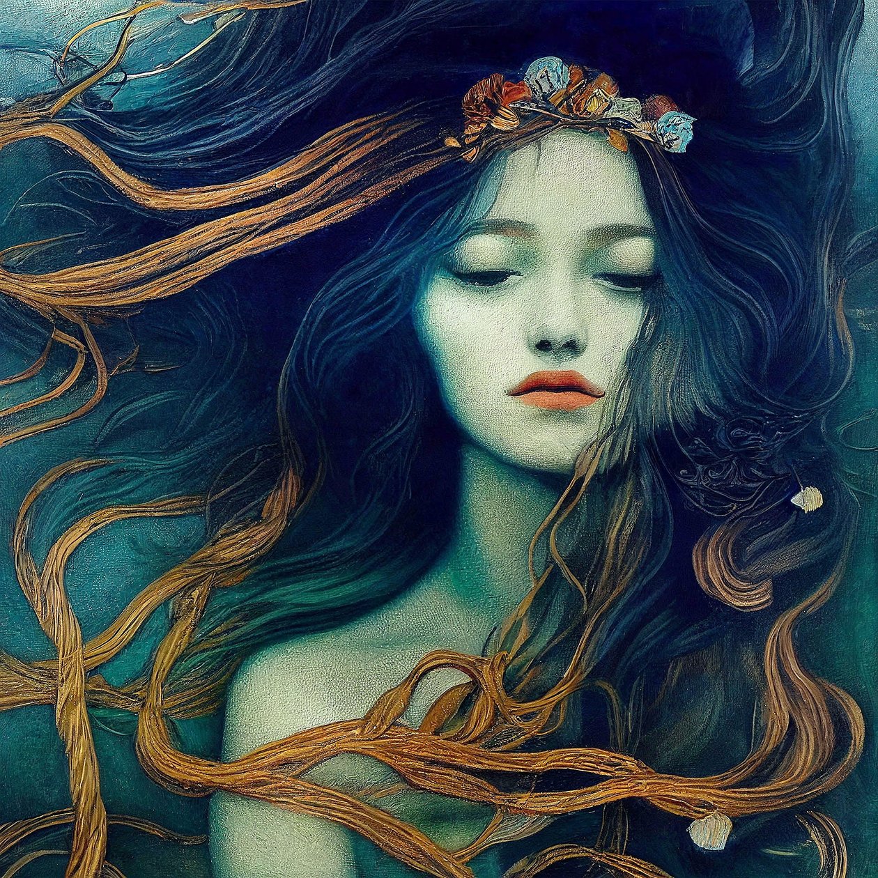 Rapariga bonita com cabelo a dançar ao vento, tela abstracta realista, de F. Abderrahim