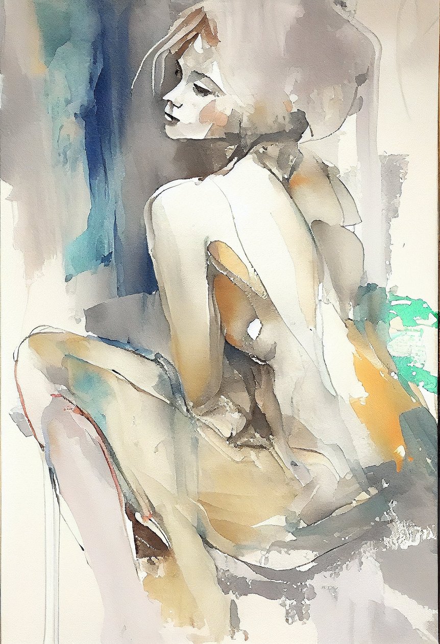 Mulher bonita sentada, Pintura a aguarela, parede Impressão de arte a pedido de F. Abderrahim