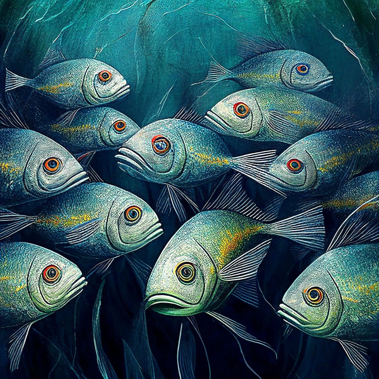 Peixes em tela na água do oceano, Pintura abstracta de F. Abderrahim