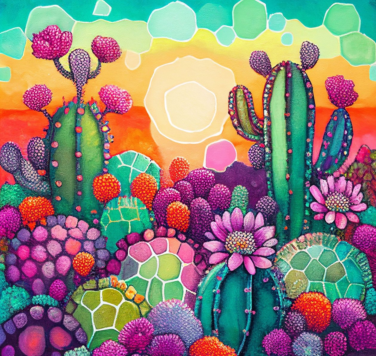 Desert Bloom: pintura abstracta colorida de um pôr-do-sol sobre planaltos de cactos de F. Abderrahim