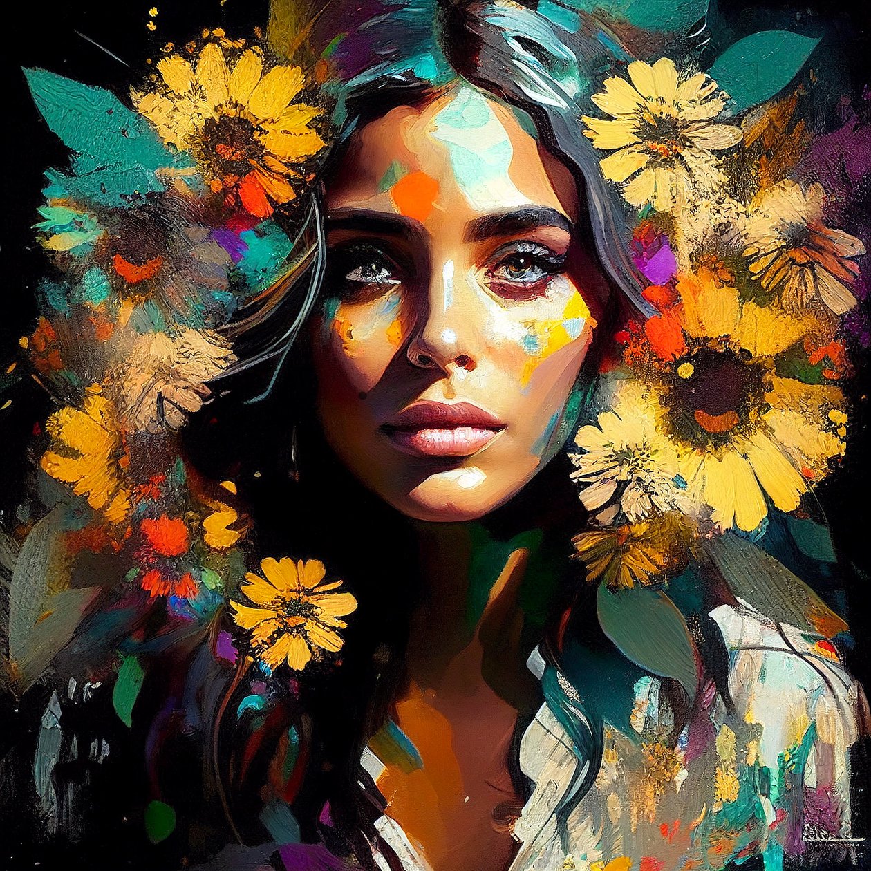 Beleza natural, rapariga mexicana rodeada de girassóis, wall Art print de F. Abderrahim