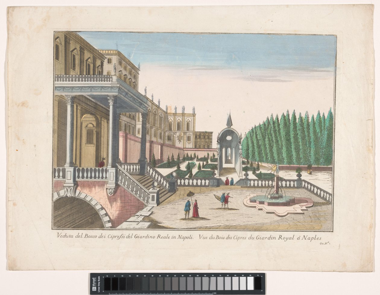 Vista de um jardim e de um palácio real em Nápoles
Veduta del bosco dei cipressi del giardino reale em Nápoles (título sobre o objecto) de familie Remondini (attributed to)