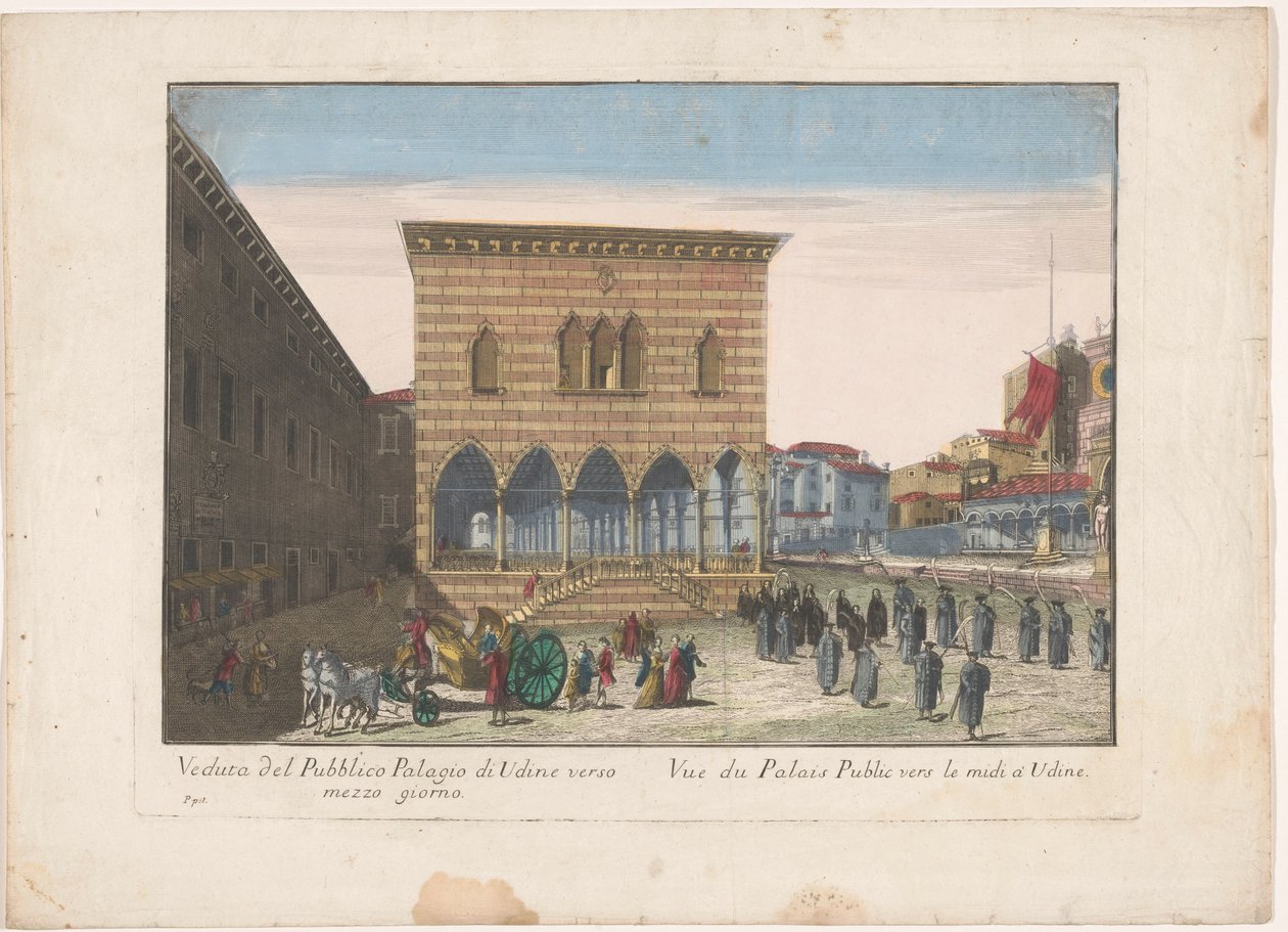 Gezicht op het Stadhuis te Udine Vista do Palácio Público de Udine ao meio-dia (título no objeto) de familie Remondini (attributed to)
